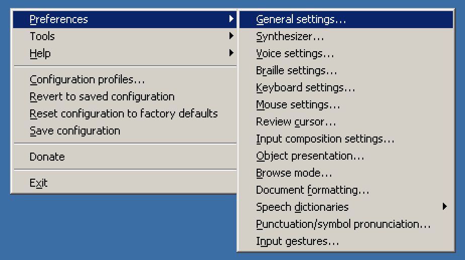 Preferences menu of NVDA